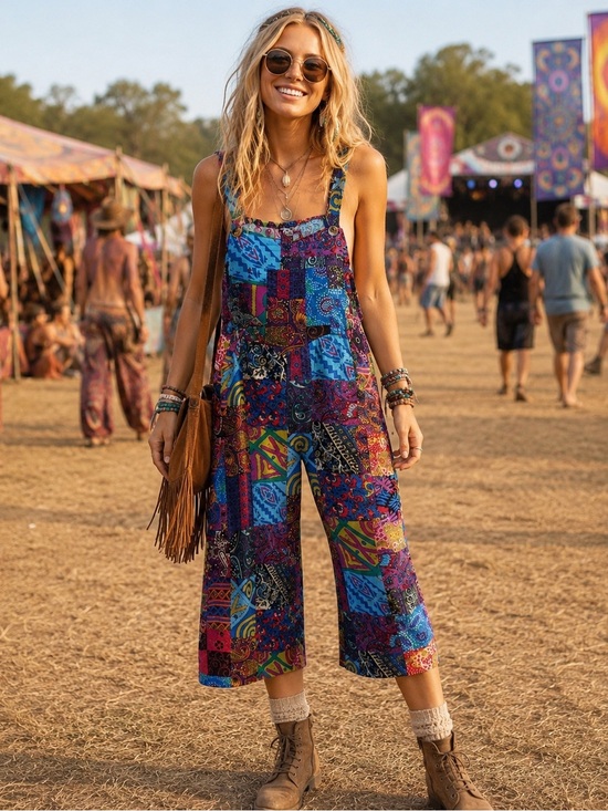 Pants - Boho Jumpsuit Colorful Romper Wide Legs Cotton Blend Festival Hippie Medium